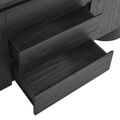 Dark black wood sideboard storage cabinet with rounded edges.