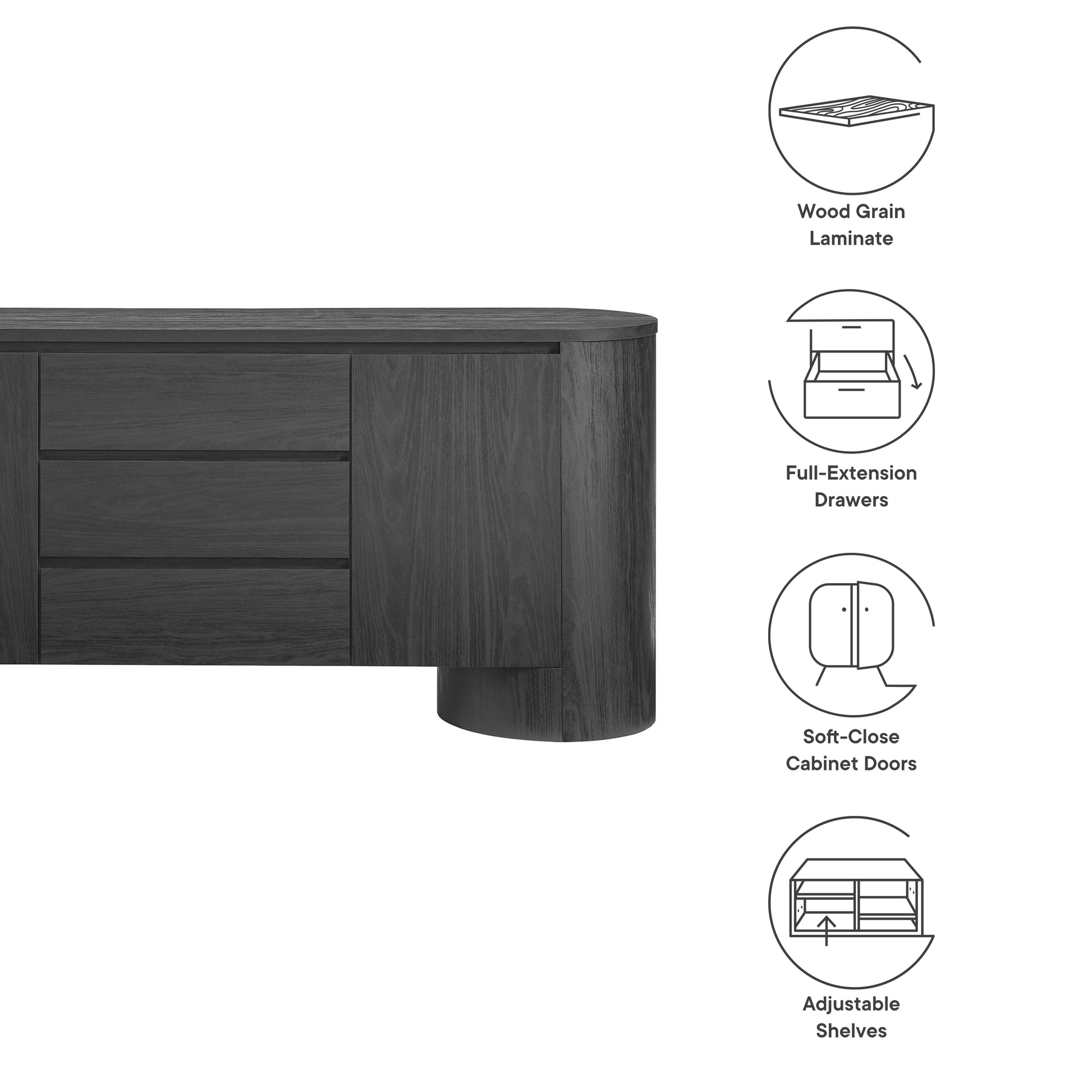 Black wood-grain laminate sideboard with rounded end, four left drawers, soft-close cabinet on right, adjustable shelves.