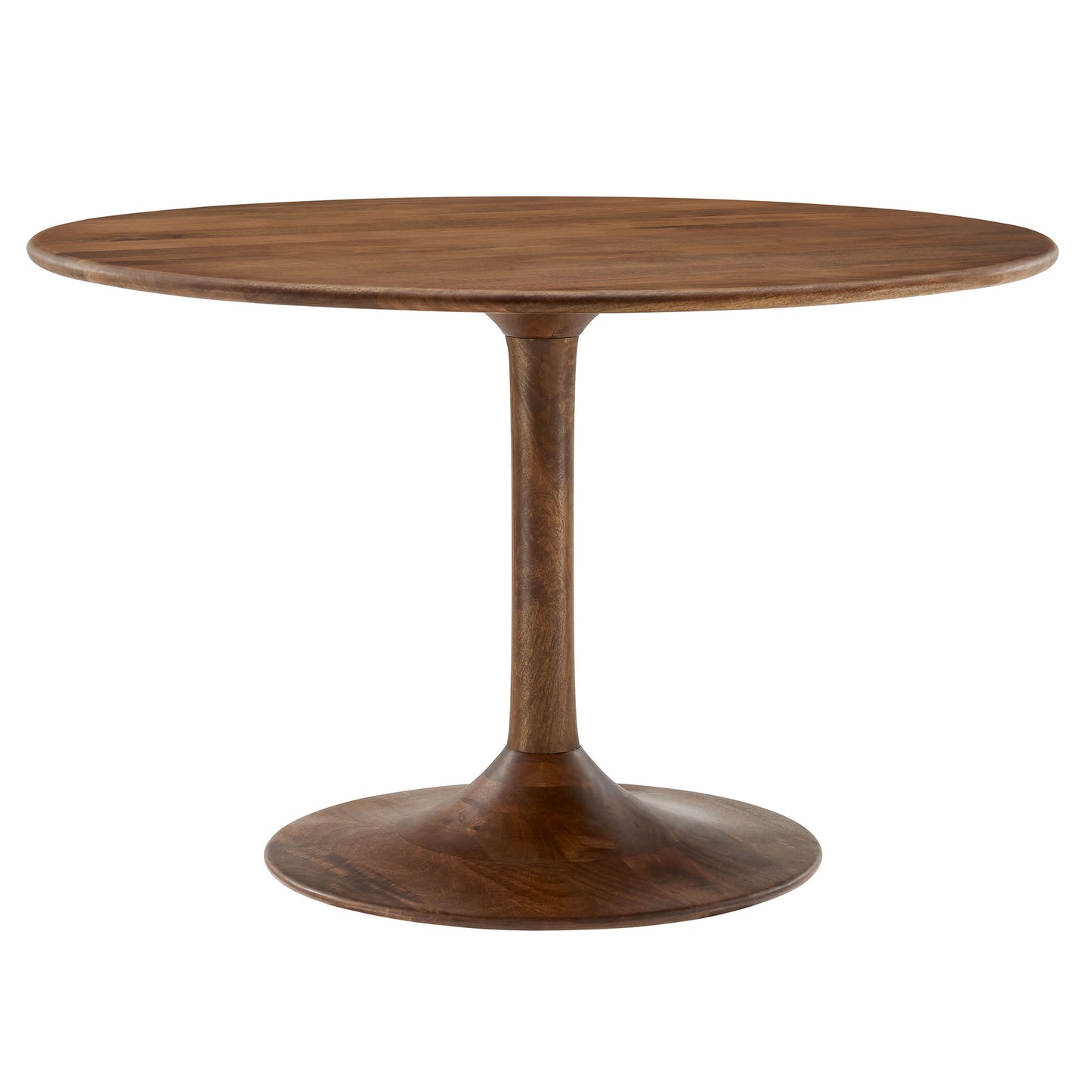 Walnut 48-inch round pedestal dining table with a single tapered stem and saucer base.