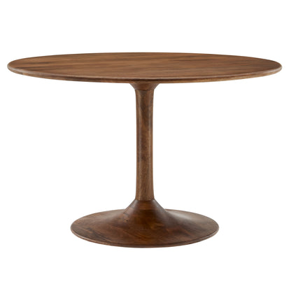 Walnut 48-inch round pedestal dining table with a single tapered stem and saucer base.