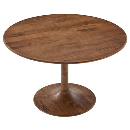 Round walnut wood dining table on a single pedestal base, mid-century style.