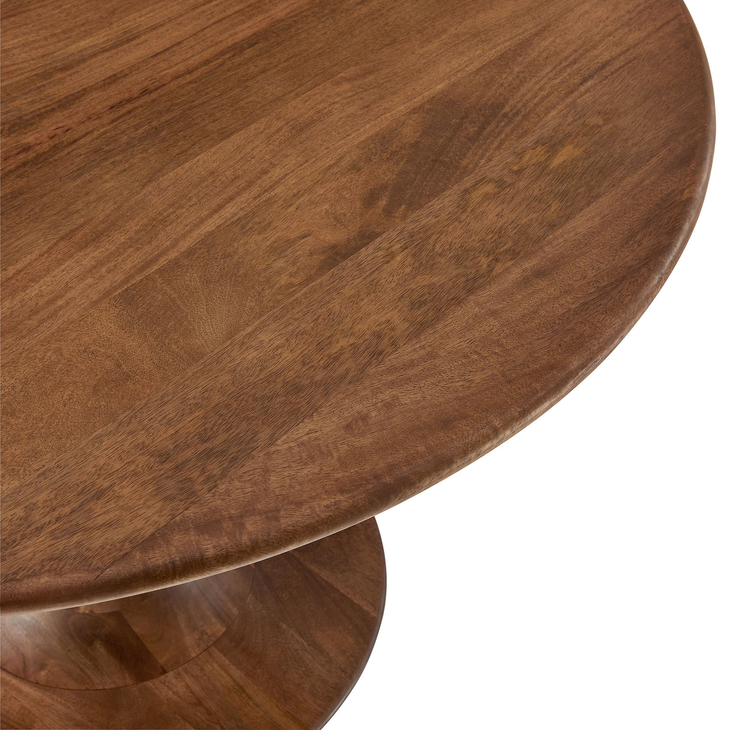 Round walnut solid wood dining table with a smooth edge and a pedestal base.