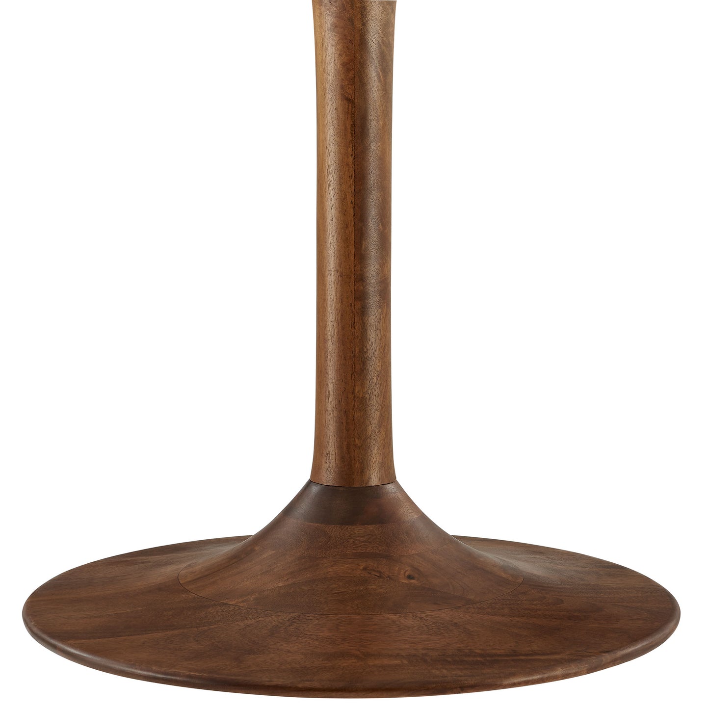 Walnut wood pedestal base with a wide circular disk and slender central column.