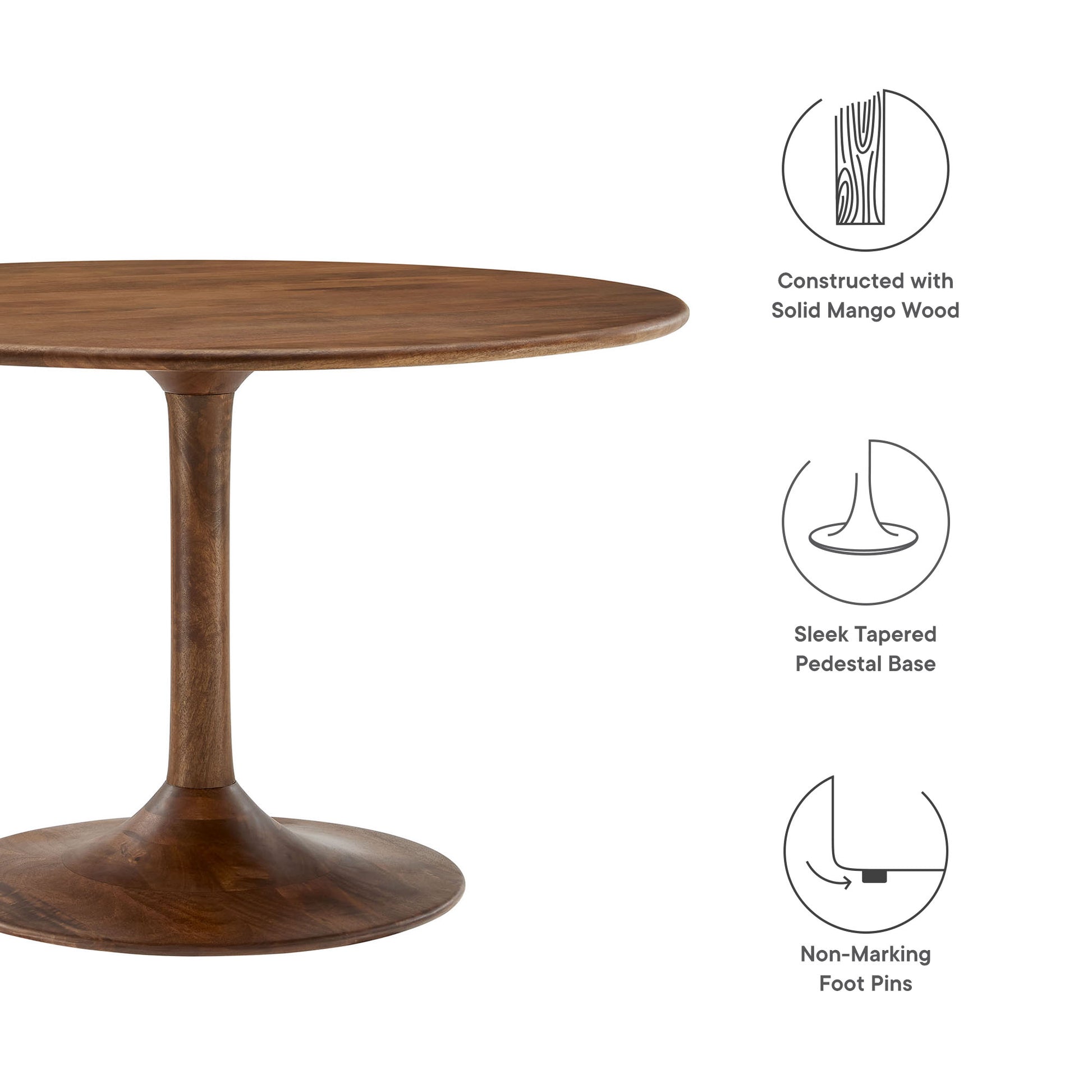 Round solid mango wood dining table in walnut finish with a sleek tapered pedestal base and non-marking feet.
