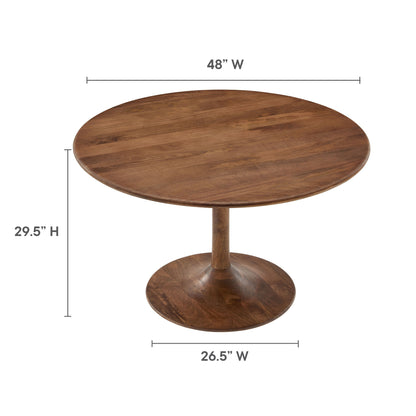 Round walnut dining table on a pedestal base with a circular foot; 48 in wide, 29.5 in high, 26.5 in base diameter.