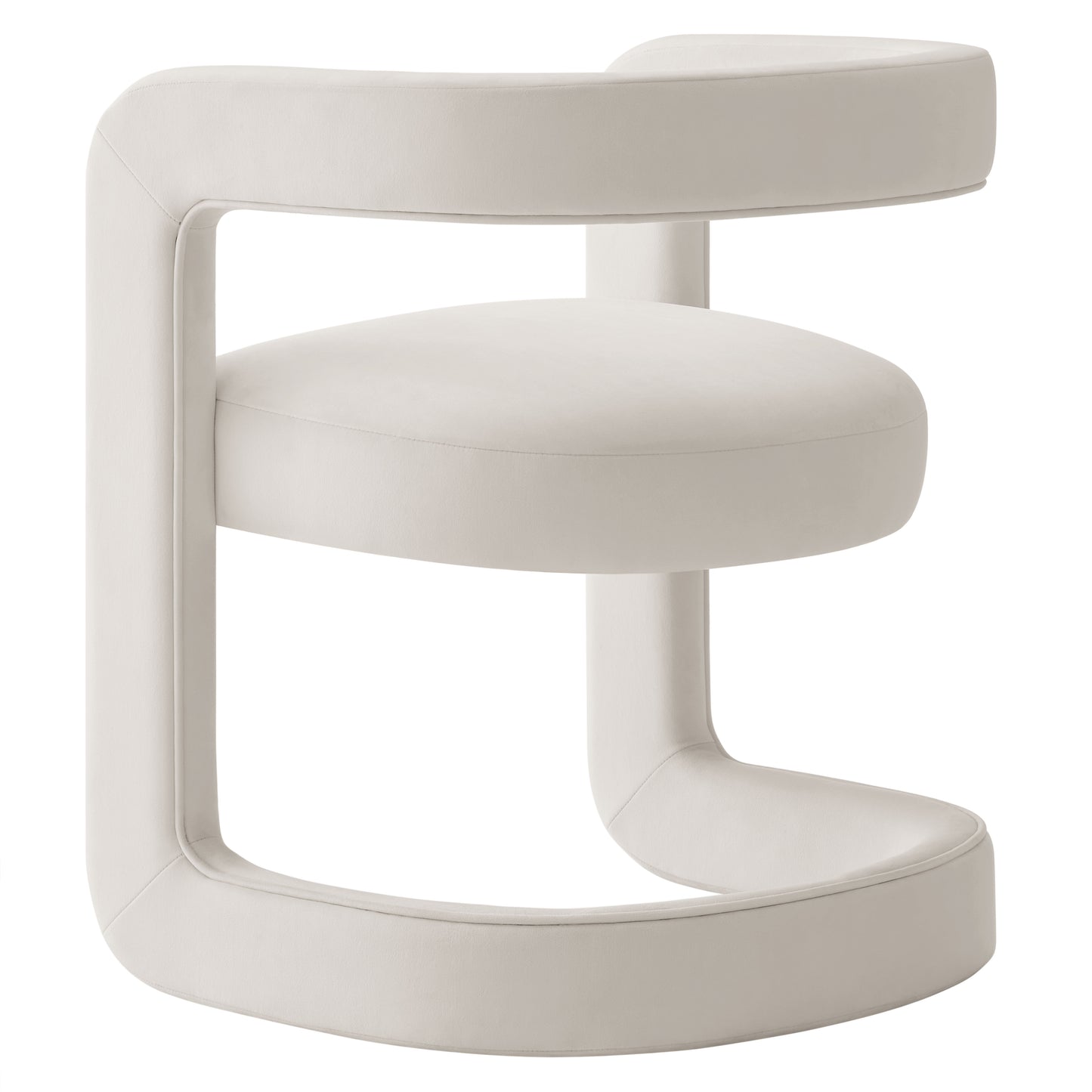 Cream velvet-upholstered circular-frame dining chair with curved armrests, modern sculptural design.