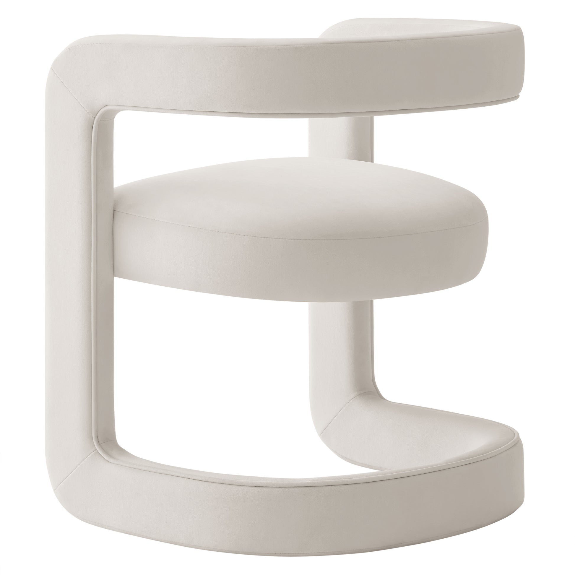 Cream velvet-upholstered circular-frame dining chair with curved armrests, modern sculptural design.