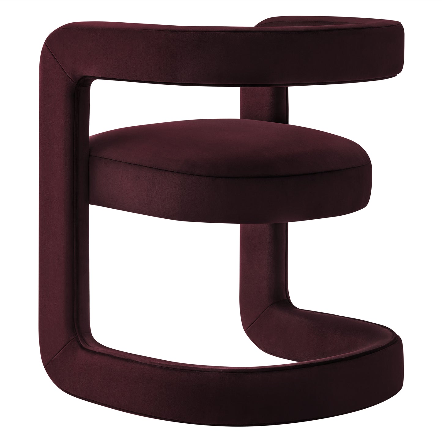 Burgundy velvet dining chair with circular base and integrated armrest loop; sculptural modern design.