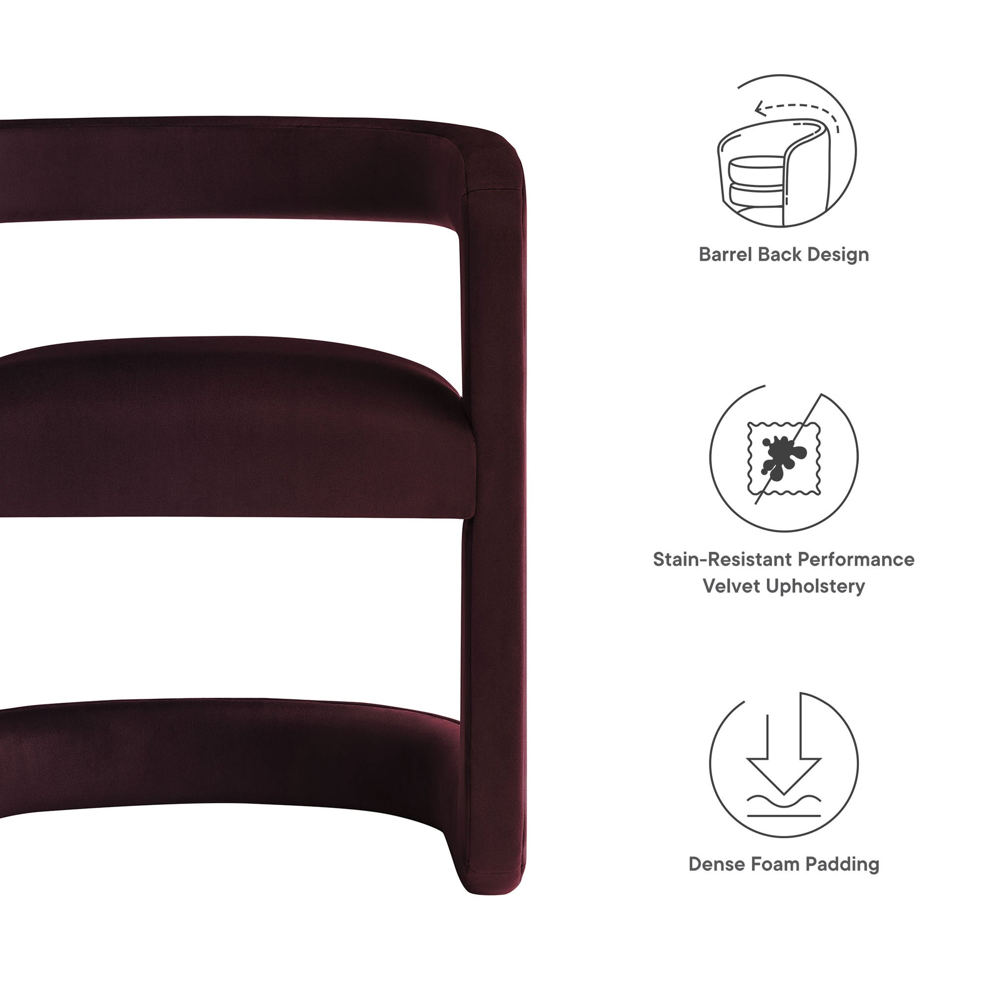 Maroon velvet barrel-back chair with curved frame, dense foam padding and stain-resistant upholstery.