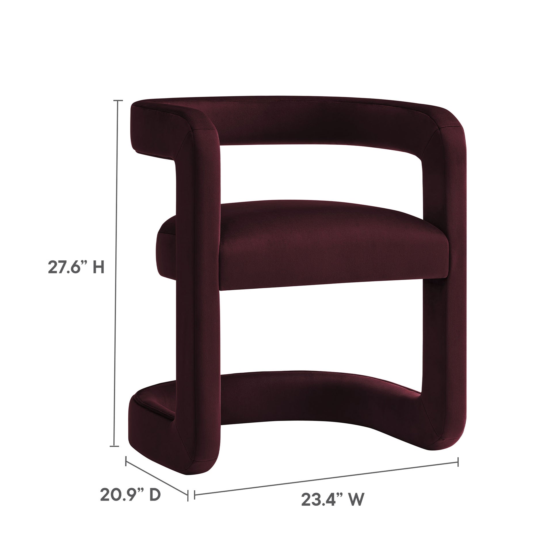 Wine burgundy velvet barrel dining chair with rounded arms and curved base, 27.6 H, 23.4 W, 20.9 D.