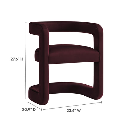 Wine burgundy velvet barrel dining chair with rounded arms and curved base, 27.6 H, 23.4 W, 20.9 D.