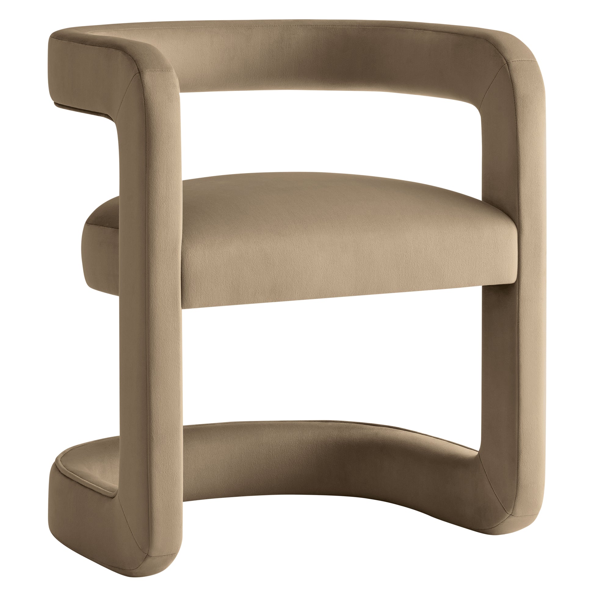 Taupe curved barrel velvet dining chair with padded seat and rounded frame.