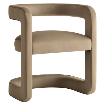 Taupe curved barrel velvet dining chair with padded seat and rounded frame.