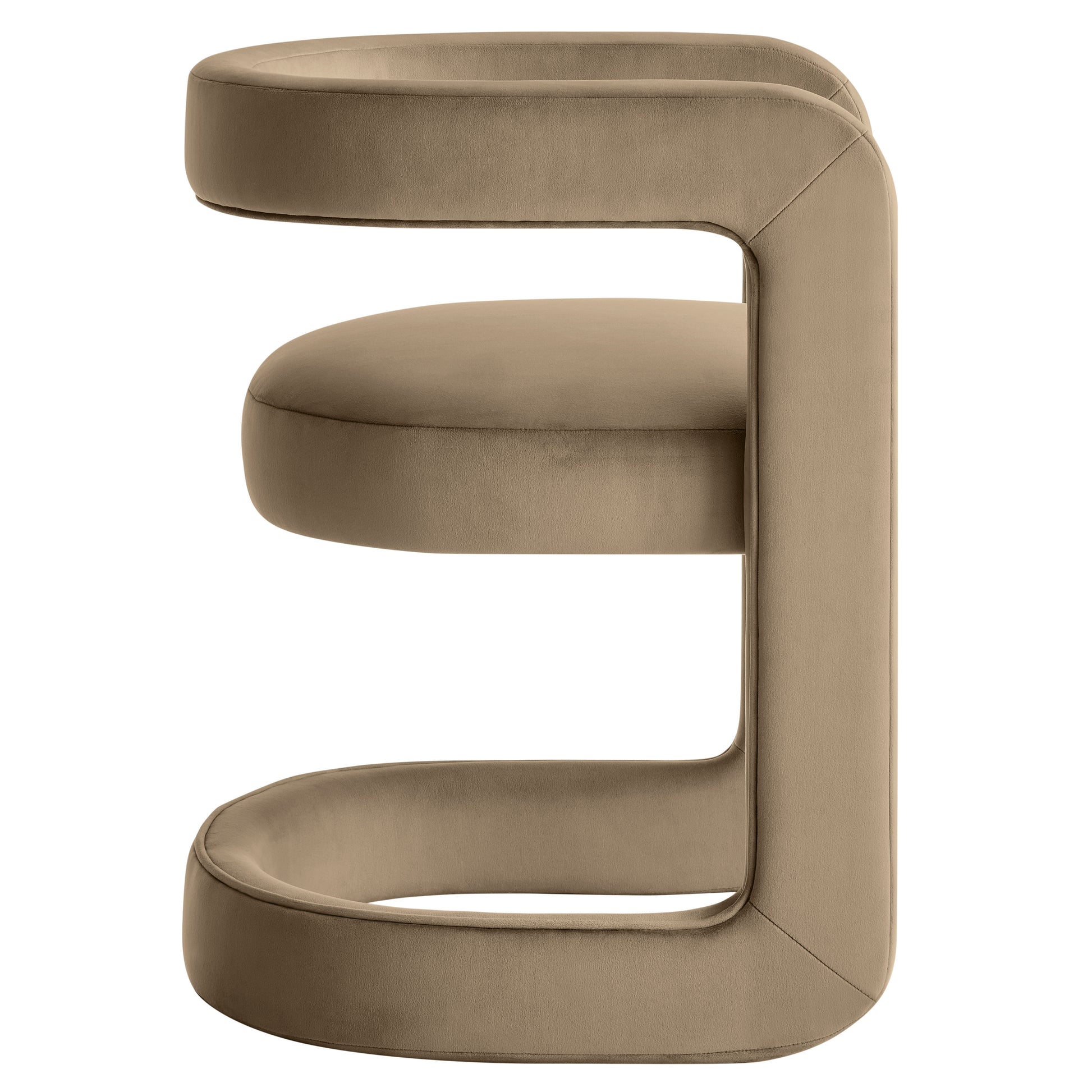 Taupe velvet dining chair with rounded, stacked curved cushions forming an E-shaped sculptural silhouette.