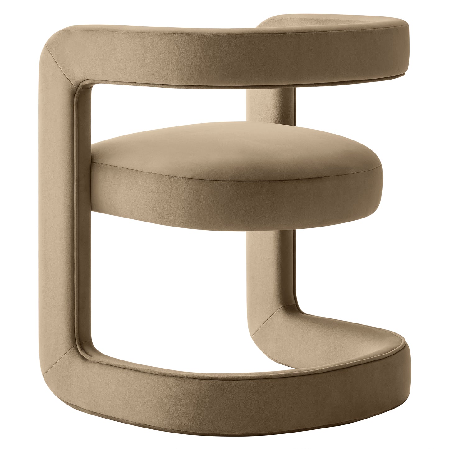 Taupe velvet upholstered barrel dining chair with curved back and round seat, integrated backrest in a circular frame.