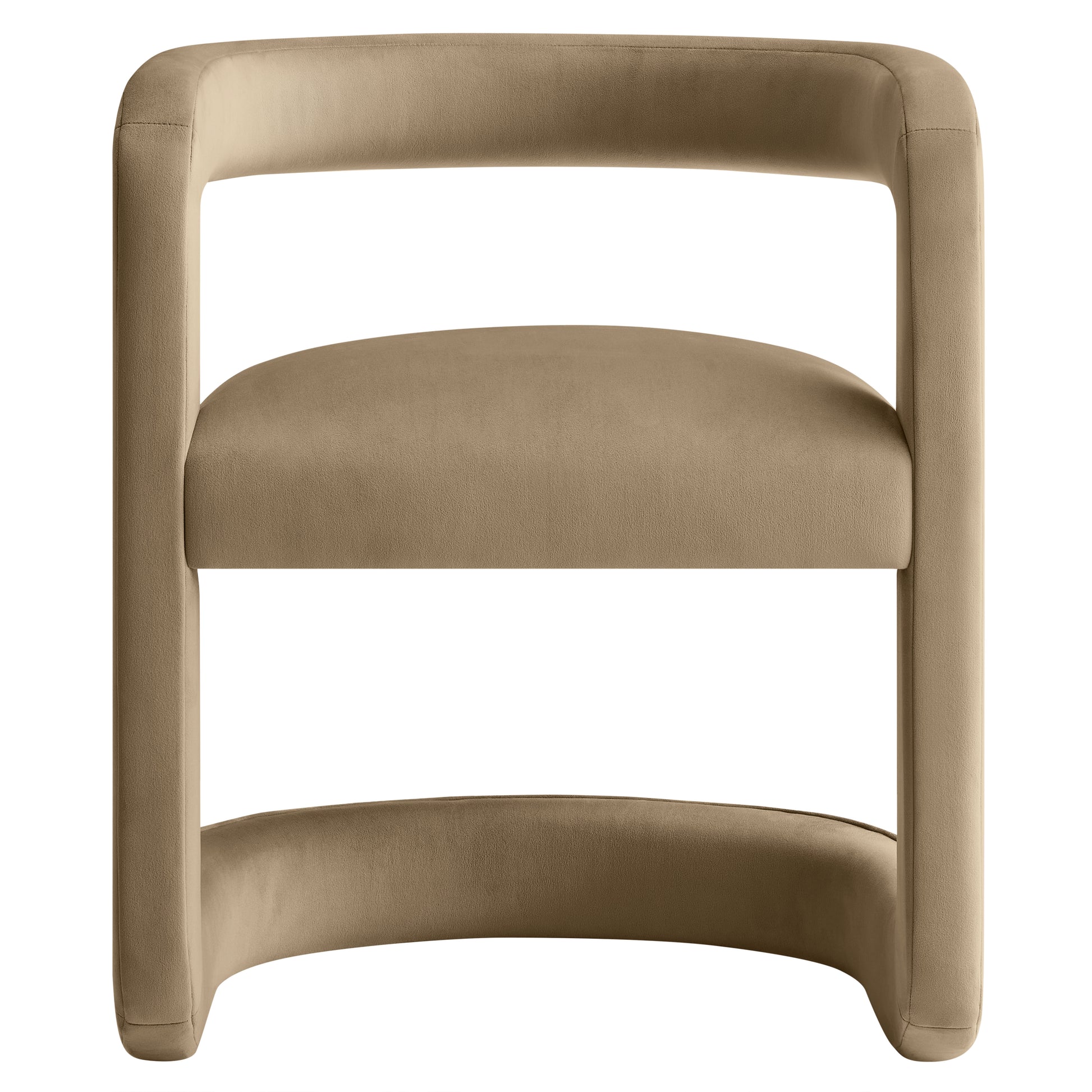 Taupe velvet barrel dining chair with rounded tubular frame and cushioned seat; modern curved design.