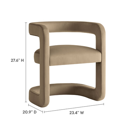 Taupe curved-arm barrel dining chair with rounded frame and single seat cushion; dining room seating, 27.6H x 23.4W x 20.9D.