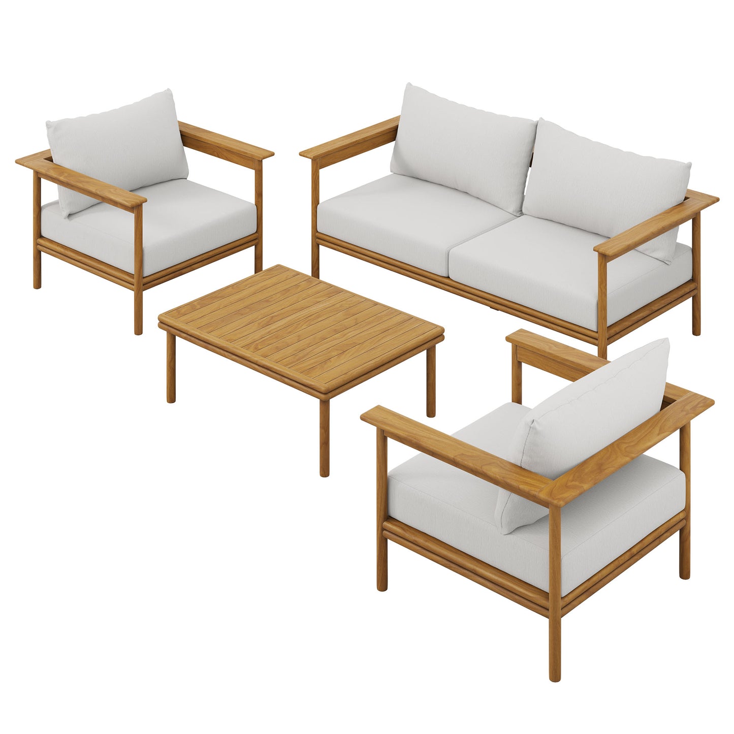 Natural wood outdoor patio set with light gray cushions: two armchairs, a two-seat sofa, and a square coffee table.