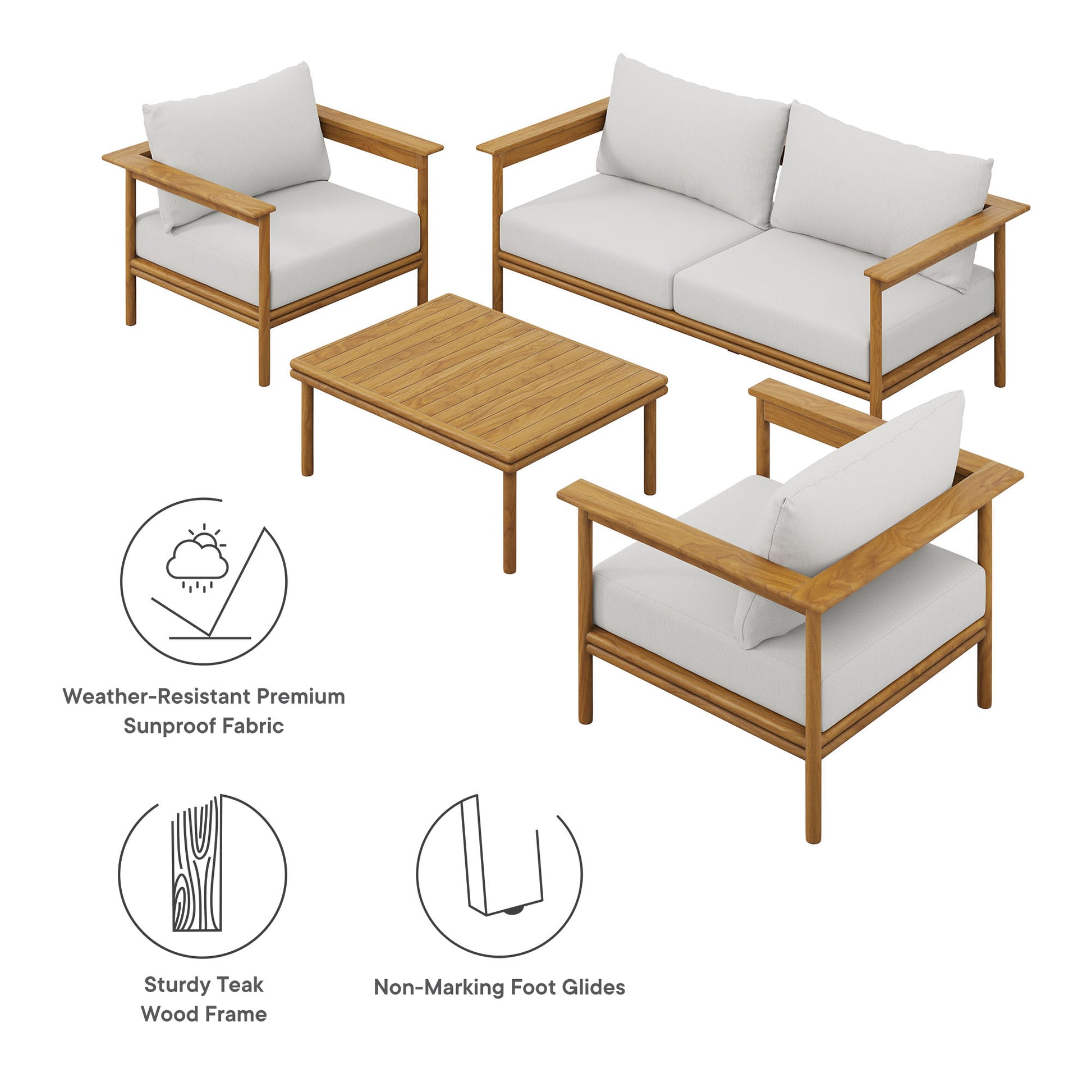 Natural teak outdoor set with two armchairs, a two-seat sofa, and a rectangular coffee table; light gray weather-resistant cushions.