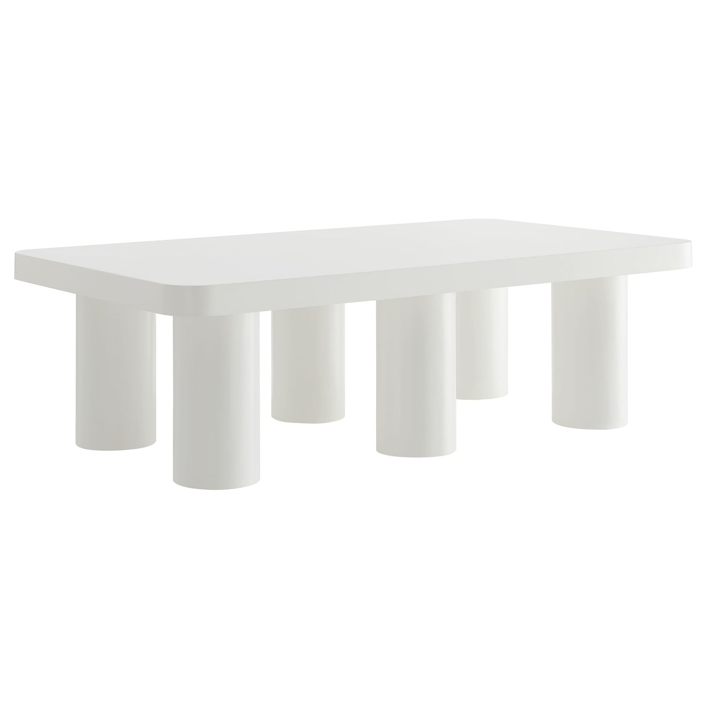 White rectangular coffee table with five chunky cylindrical legs, modern minimalist living room furniture.