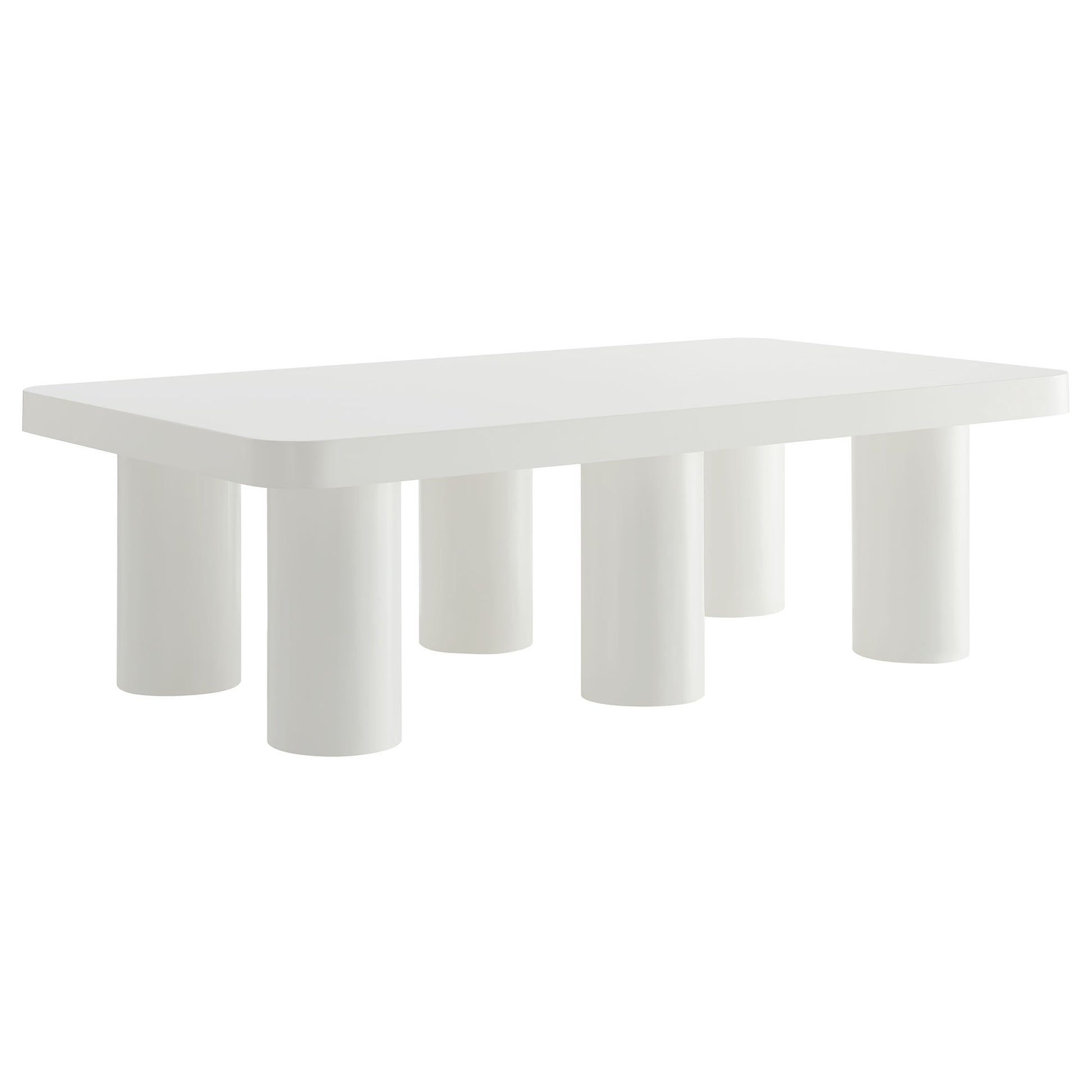 White rectangular coffee table with five chunky cylindrical legs, modern minimalist living room furniture.