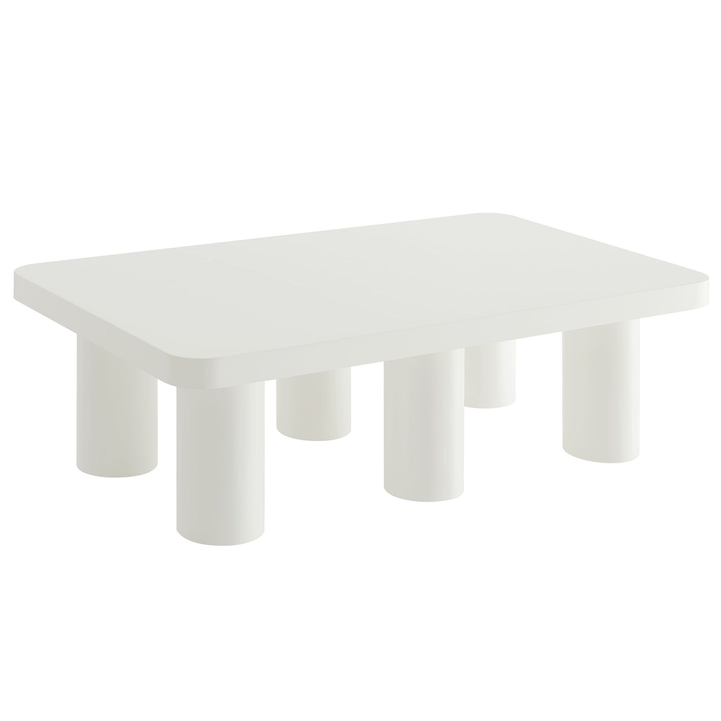 White rectangular coffee table with rounded corners and five cylindrical legs, modern minimalist design.