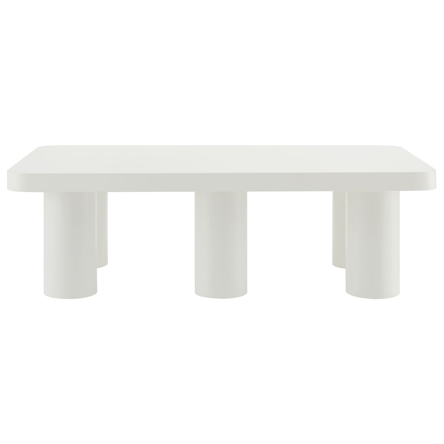 White rectangular coffee table & three chunky cylindrical legs, minimalist modern design.