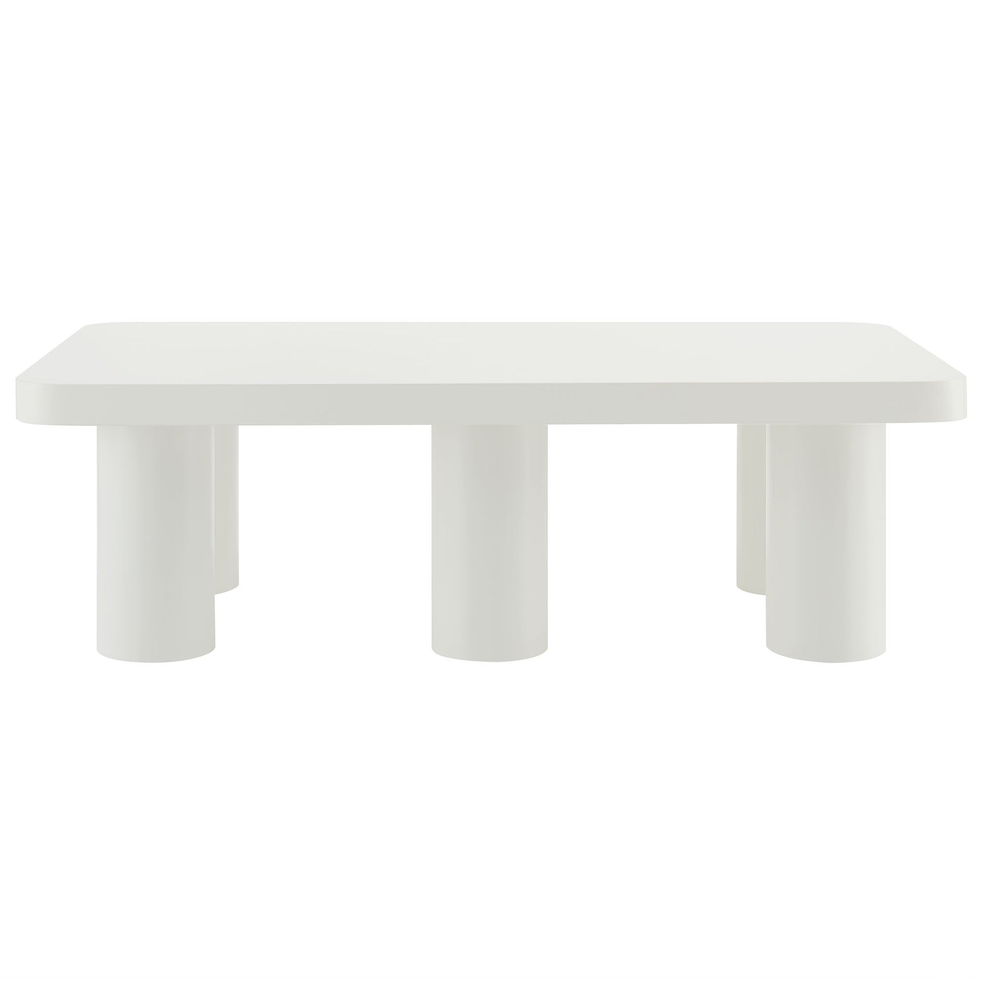 White rectangular coffee table & three chunky cylindrical legs, minimalist modern design.