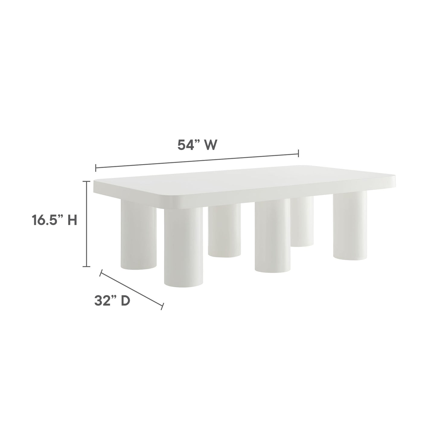 White rectangular coffee table with rounded edges and five chunky cylindrical legs; 54 wide, 32 deep, 16.5 high.