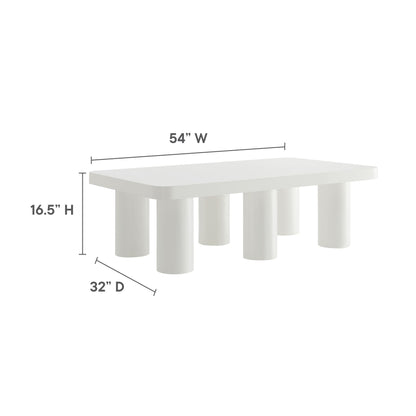 White rectangular coffee table with rounded edges and five chunky cylindrical legs; 54 wide, 32 deep, 16.5 high.