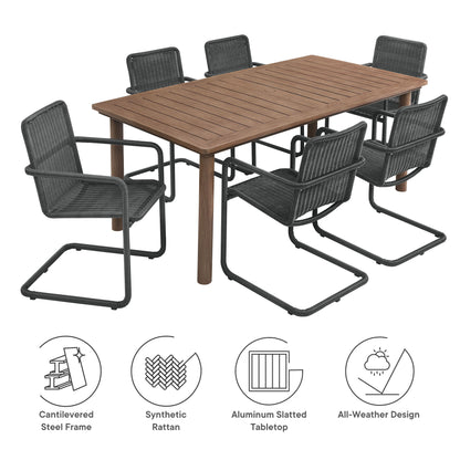 Modway - Abacus 7-Piece Rectangular Outdoor Patio Aluminum Dining Table Set with Rattan Armchairs by Modway  Outdoor Furniture Bar and Dining Brown - EEI-7073-SLA-WAL