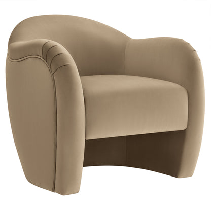 Taupe upholstered curved accent chair with rounded arms and plush cushioned seat.