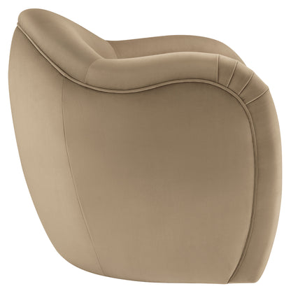 Taupe upholstered curved accent chair with rounded back & armrests, plush cushioned silhouette.