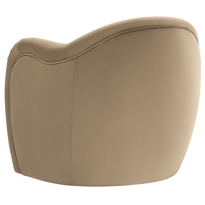 Taupe velvet accent chair with curved arms & a rounded back, modern style