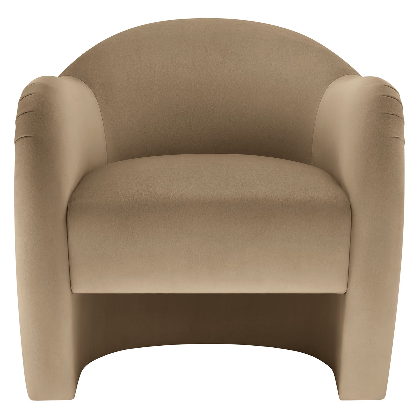 Taupe upholstered accent chair with rounded arms and curved back, plush cushioned seat.
