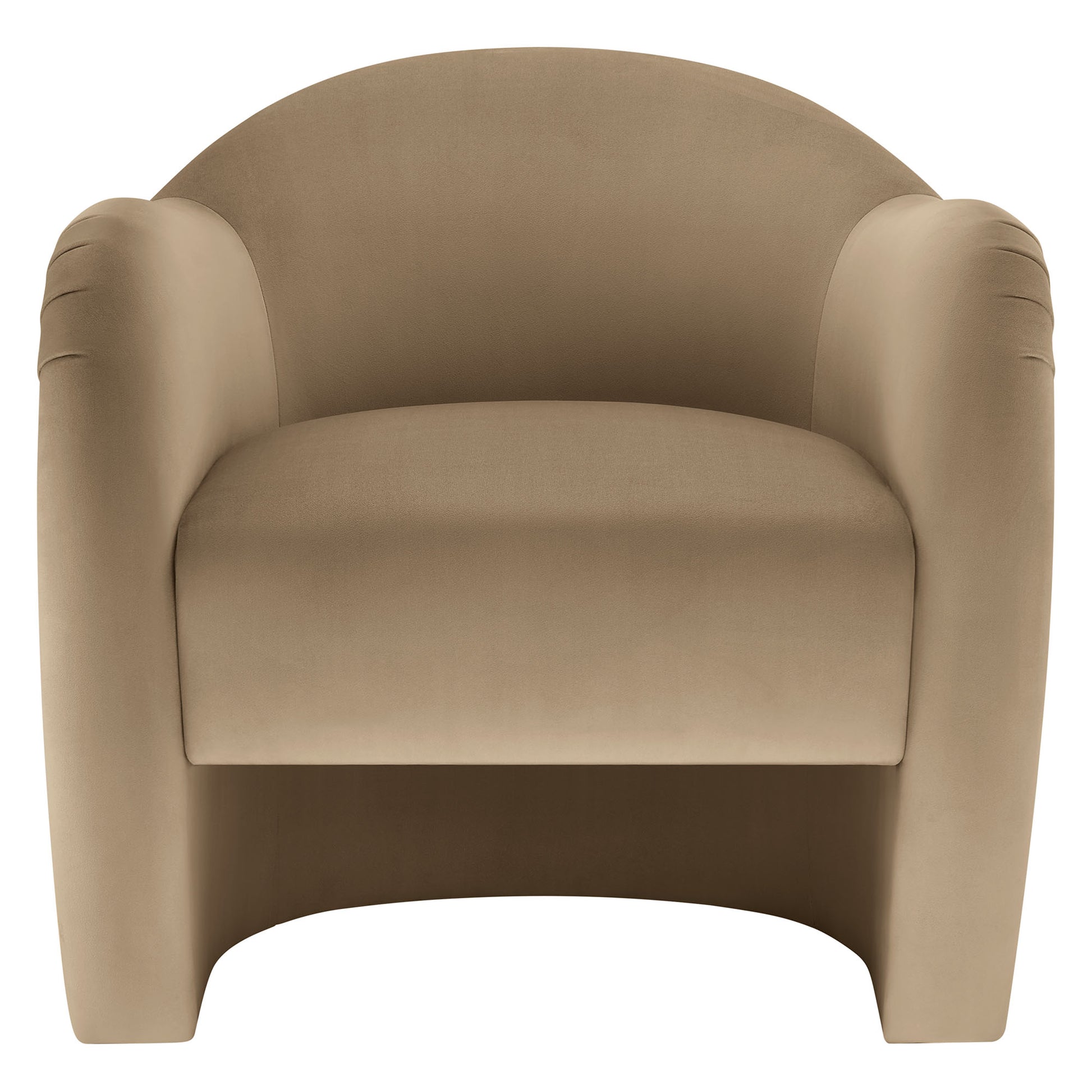Taupe upholstered accent chair with rounded arms and curved back, plush cushioned seat.