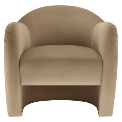Taupe upholstered accent chair with rounded arms and curved back, plush cushioned seat.