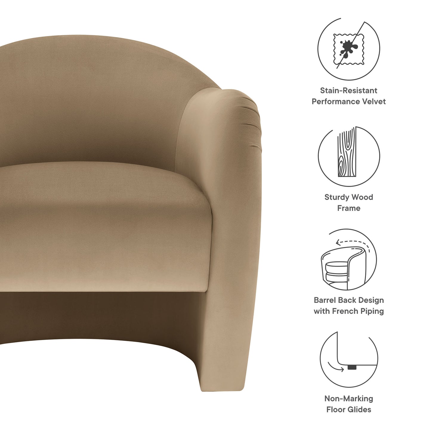 Silver velvet accent chair with curved barrel back and rounded arms; wood frame, French piping, non-marking floor glides.