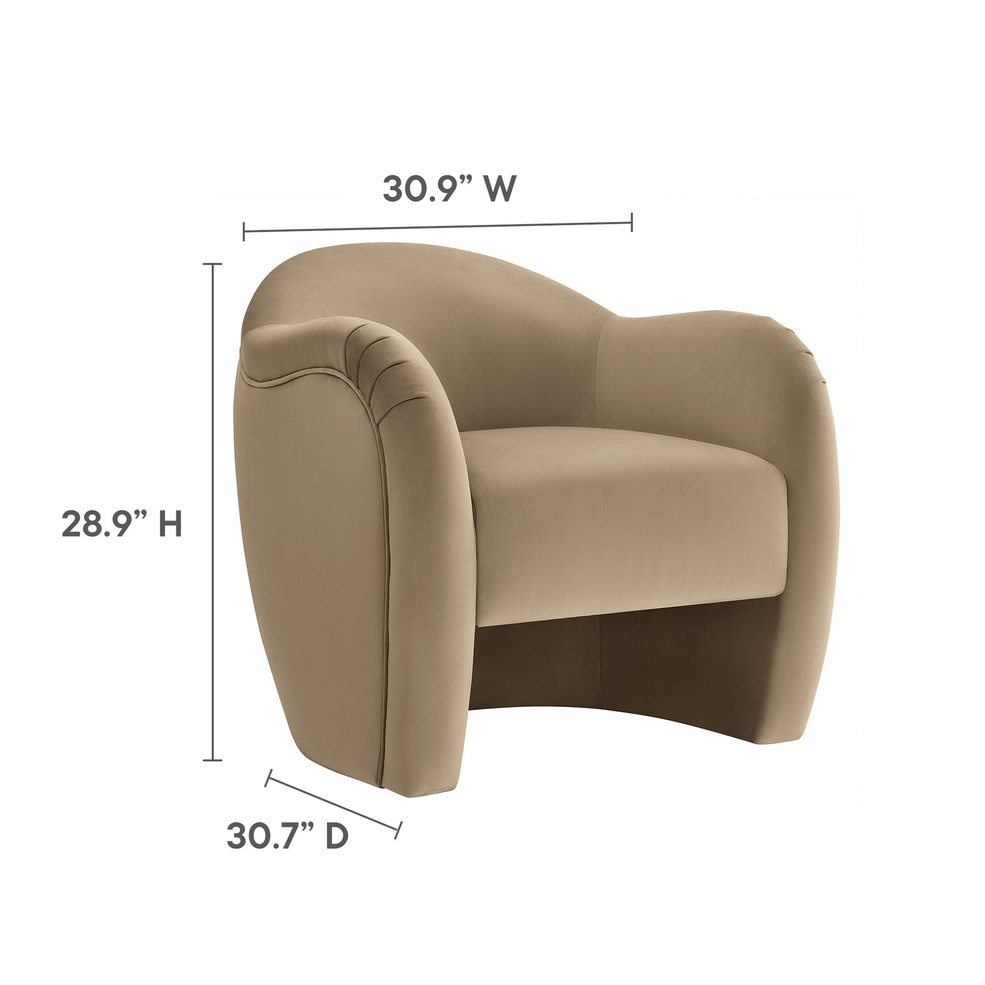 Taupe curved barrel accent chair with plush upholstery and rounded arms; 30.9W x 28.9H x 30.7D.