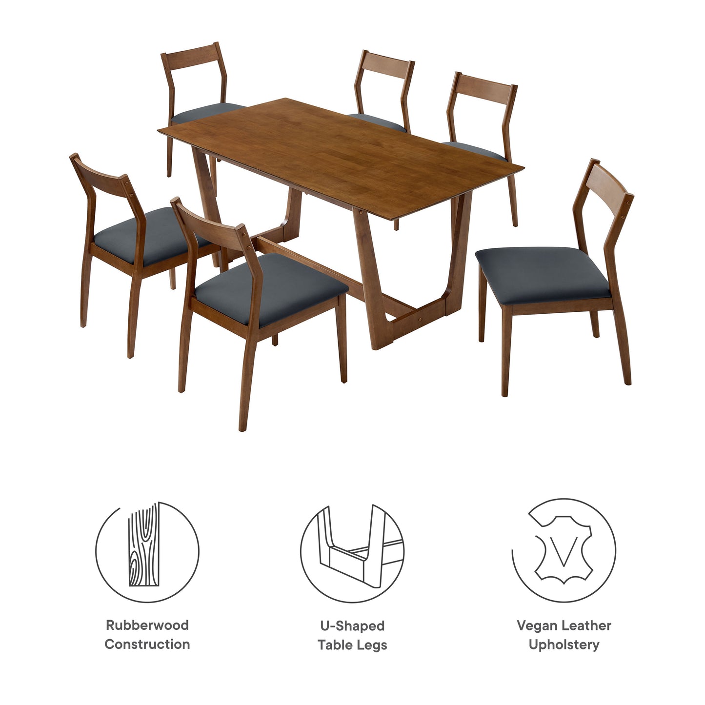 Modway - Solara 7-Piece Wood Dining Set with Vegan Leather Side Chairs by Modway  Bar and Dining Dining Sets Black - EEI-7078-WAL-BLK