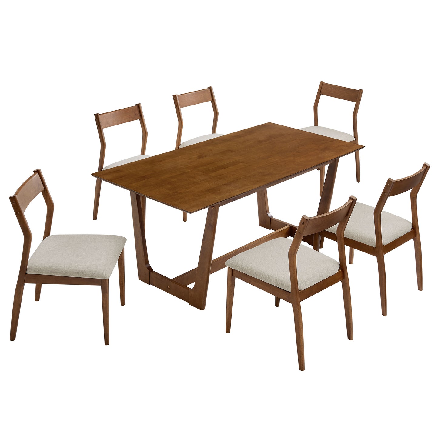 Walnut-finish rectangular dining table with X-frame legs and six beige upholstered chairs, mid-century modern.
