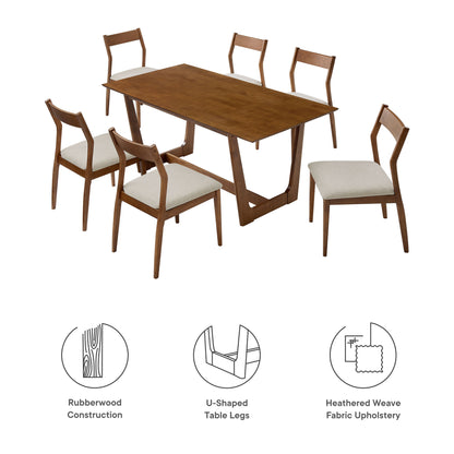 Walnut rubberwood dining table with U-shaped legs and six chairs in beige heathered fabric upholstery.