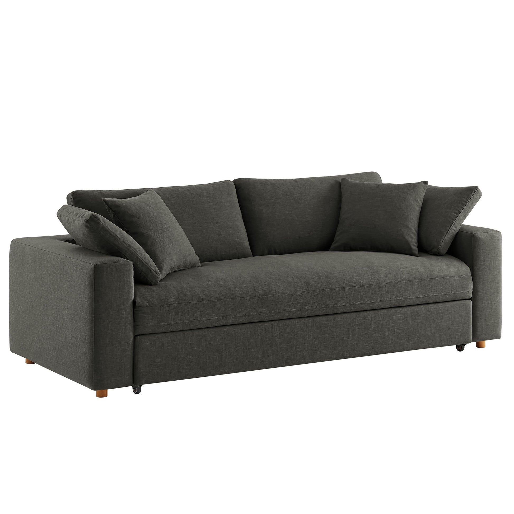 Dark gray fabric sofa with square arms, three-seat design, multiple back cushions and wooden legs.