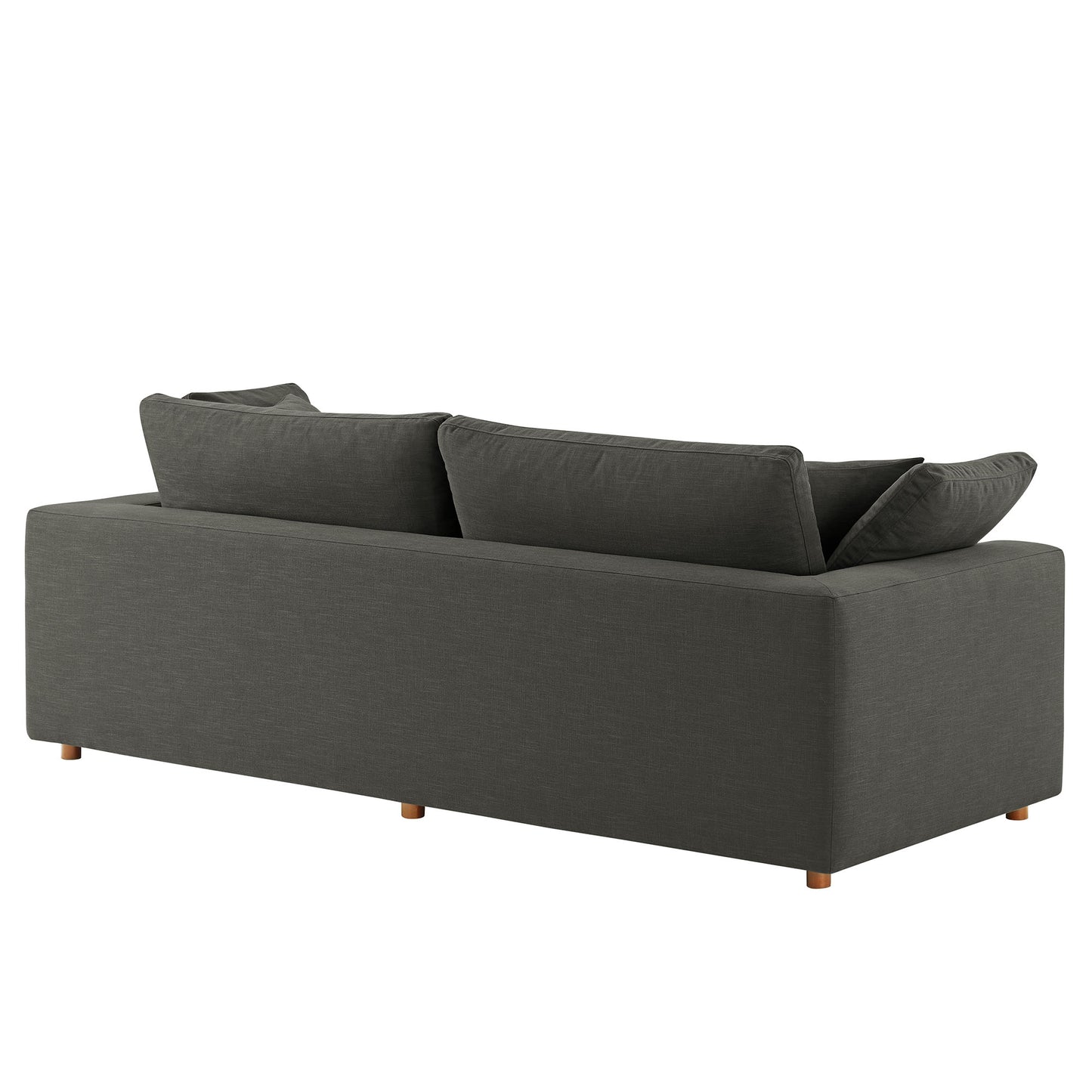 Dark gray fabric sleeper sofa with low arms, three seat cushions & tapered wooden legs for a modern living room.