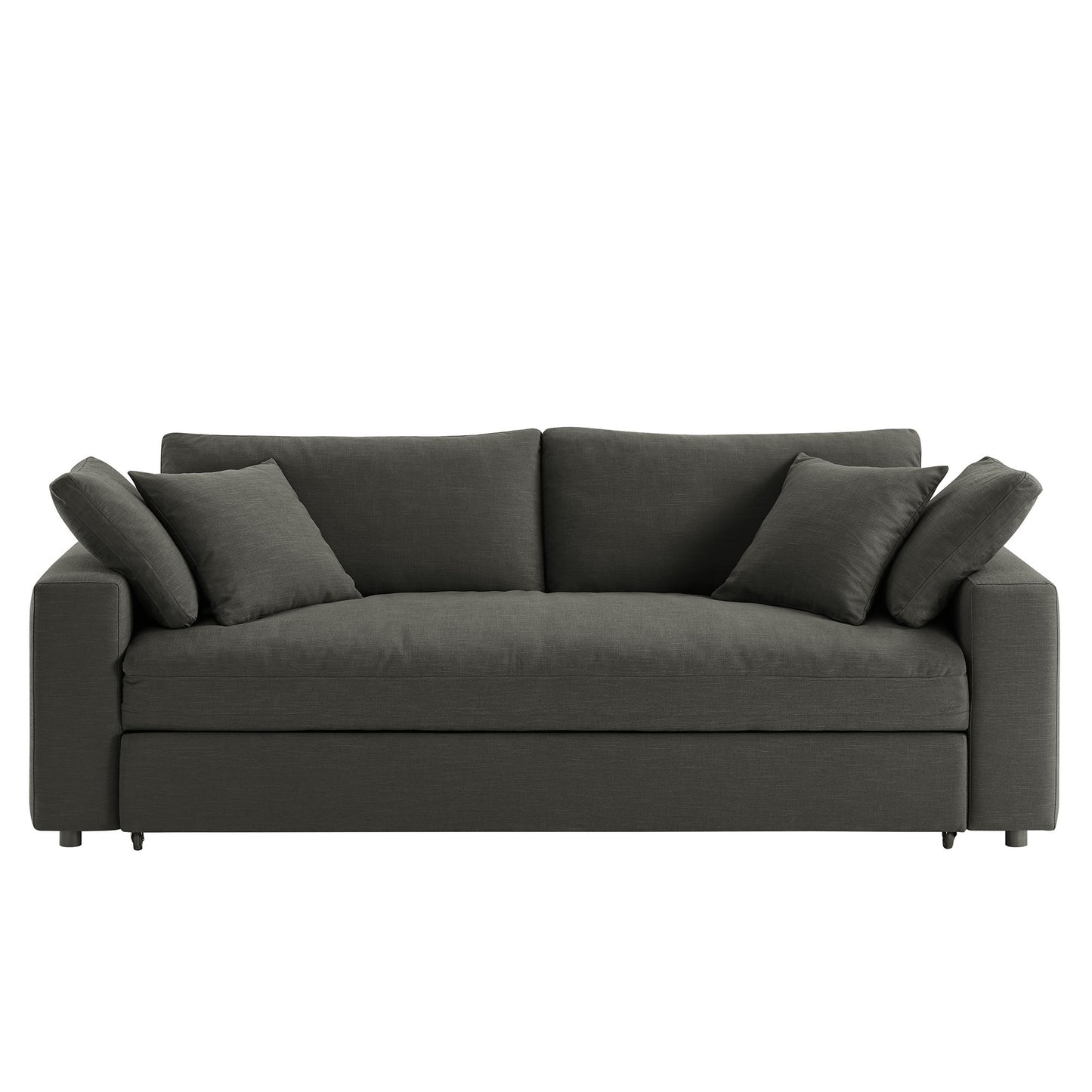 Charcoal gray fabric sleeper sofa with plush back cushions, square arms, and low metal legs; modern 3-seat seating.