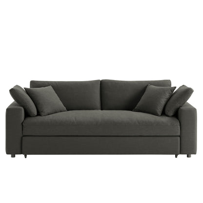 Charcoal gray fabric sleeper sofa with plush back cushions, square arms, and low metal legs; modern 3-seat seating.