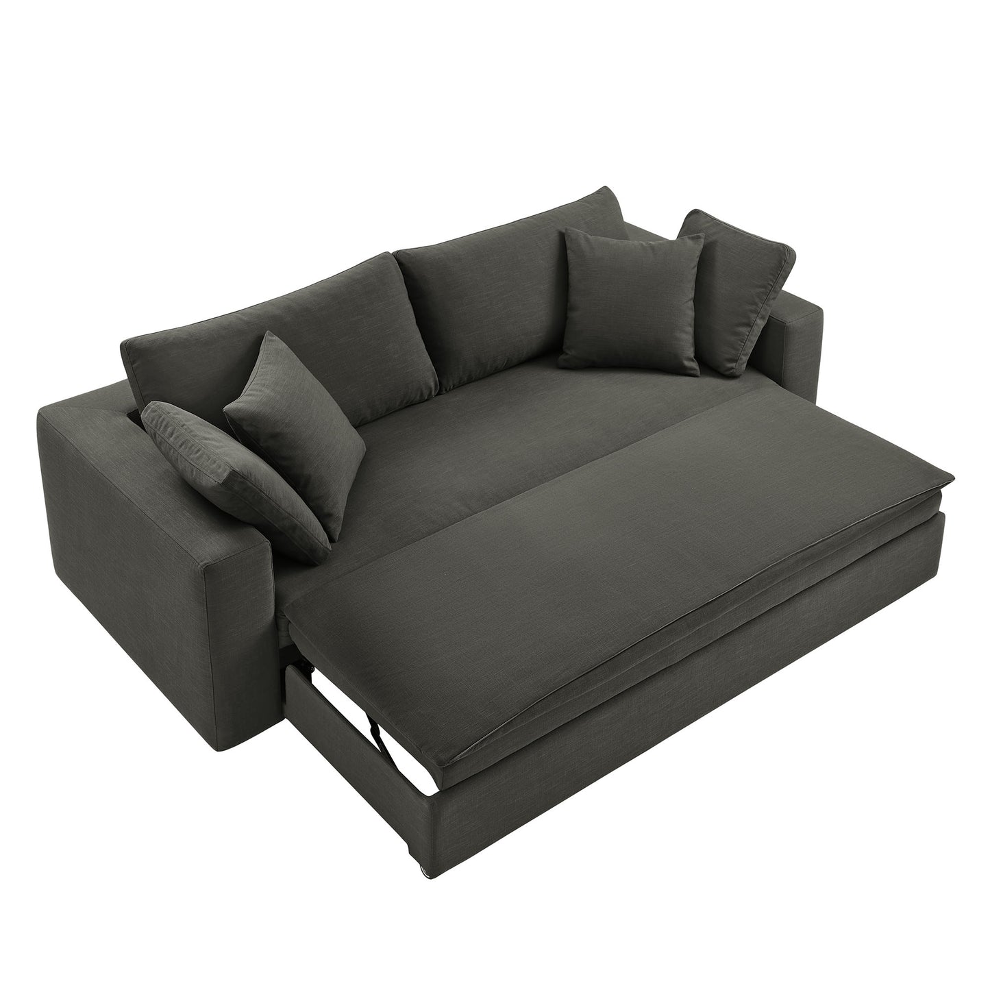 Dark gray fabric sleeper sofa with pull-out bed extension and multiple square cushions.