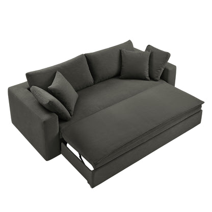 Dark gray fabric sleeper sofa with pull-out bed extension and multiple square cushions.