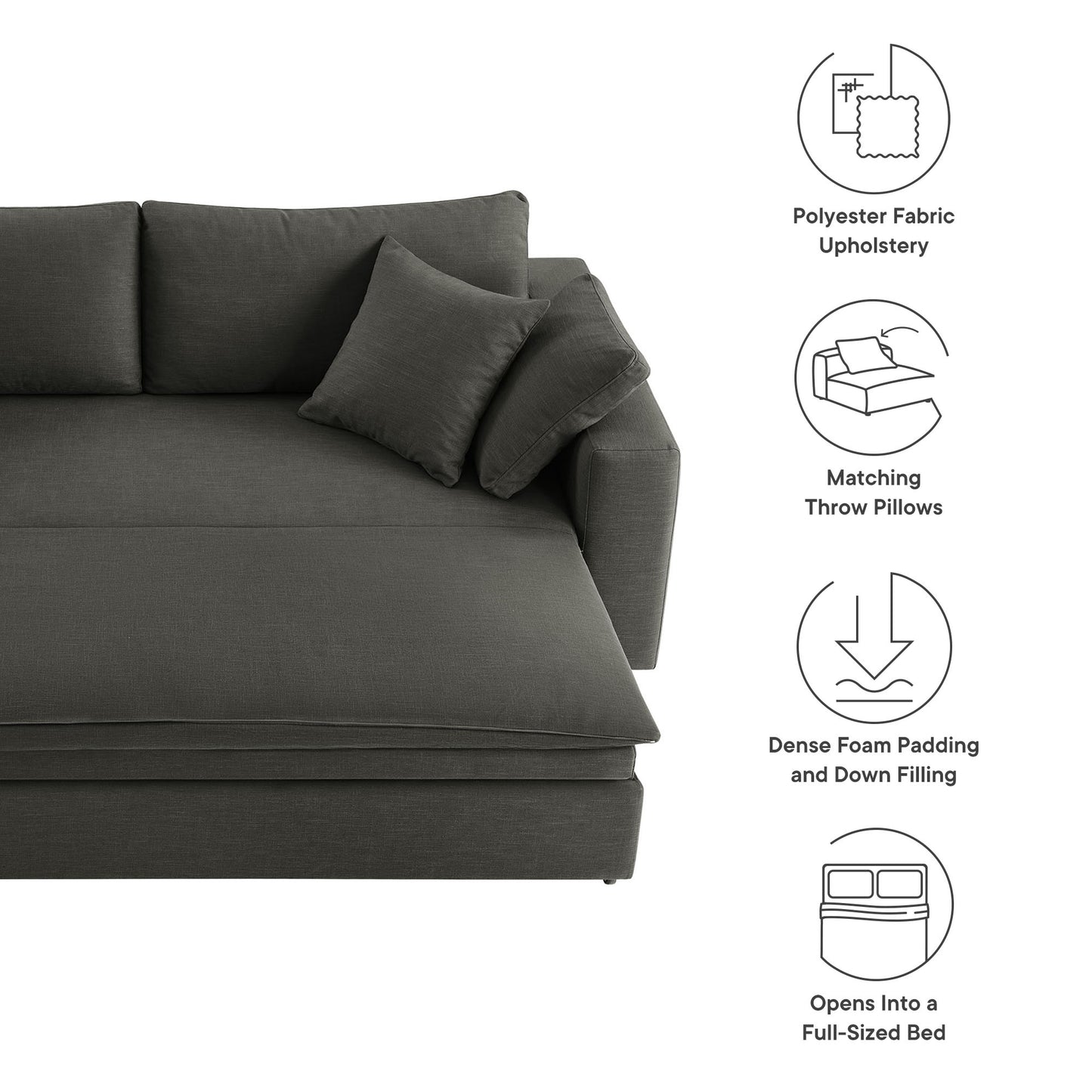 Charcoal gray sleeper sofa with down-filled, overstuffed cushions, fabric upholstery, opens into a full-sized bed.