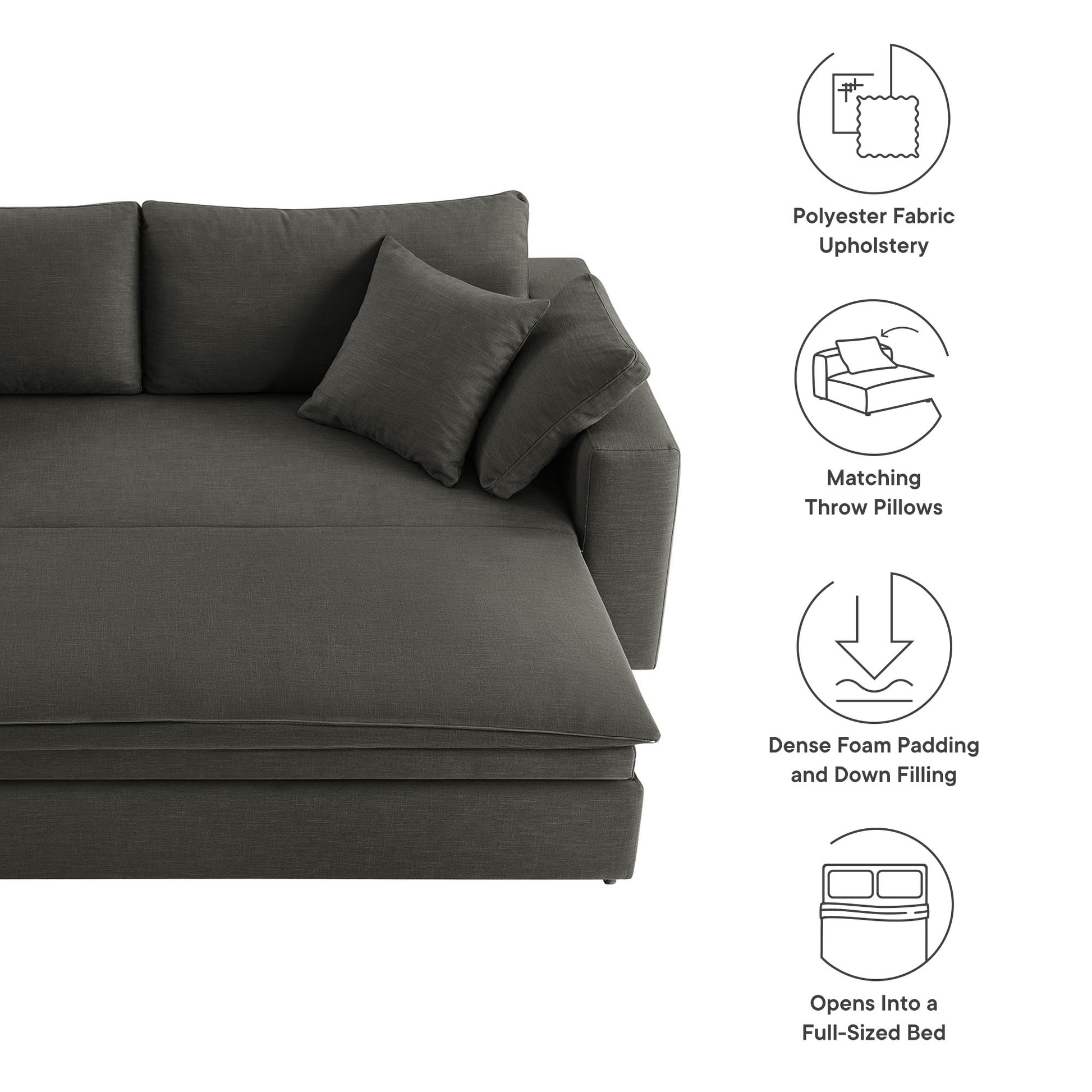 Charcoal gray sleeper sofa with down-filled, overstuffed cushions, fabric upholstery, opens into a full-sized bed.